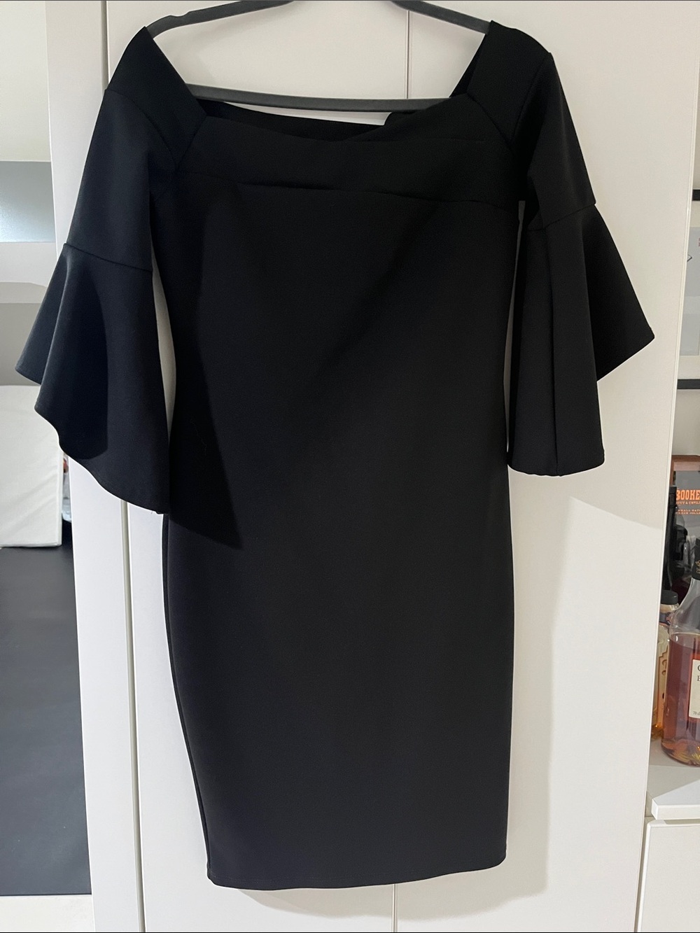 bebe Black Off-Shoulder Midi Dress with Fluted Sleeves